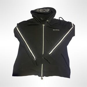 BCBGMaxazria Full Zip Jacket Womens L Black Long Sleeve‎ Hooded  Rhinestone Y2K